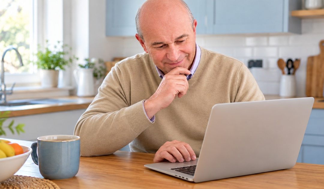 A man in a beige sweater reads from a laptop with one hand resting thoughtfully at his chin.