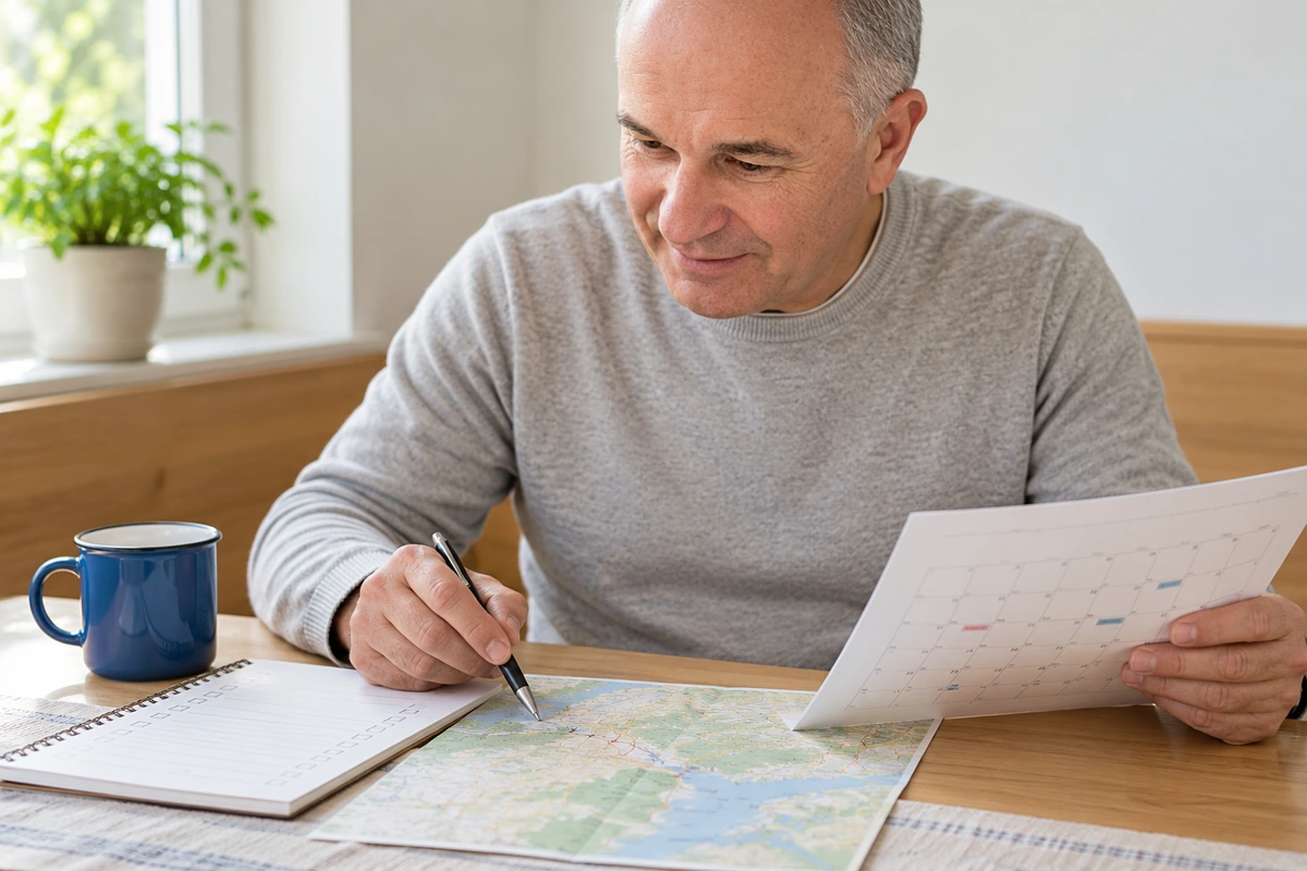 Man reviewing a calendar and map while planning everyday commitments